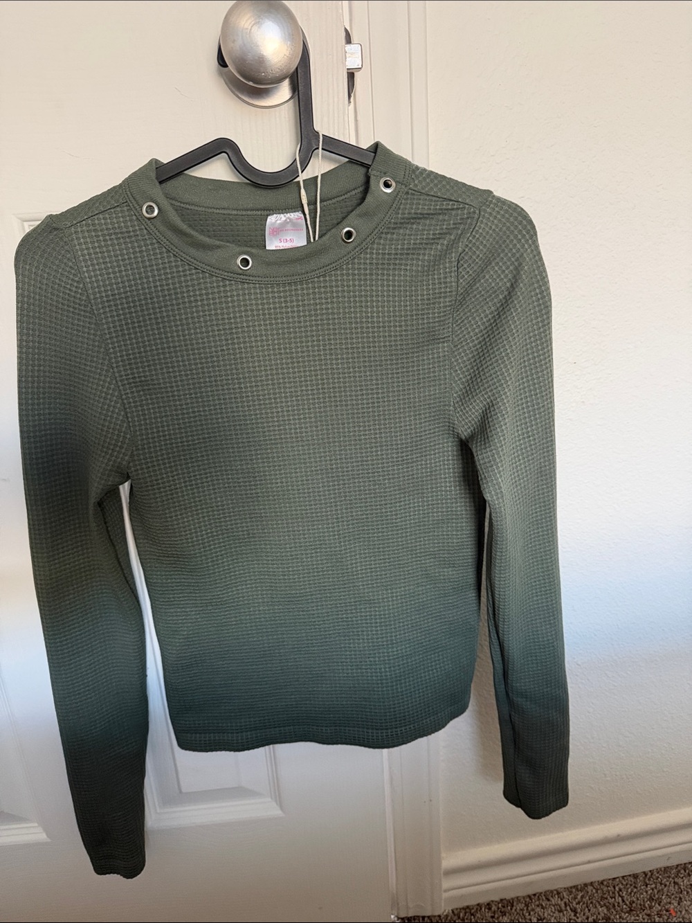 Long Sleeve Waffle Knit Top with Grommet Detail in Olive Green